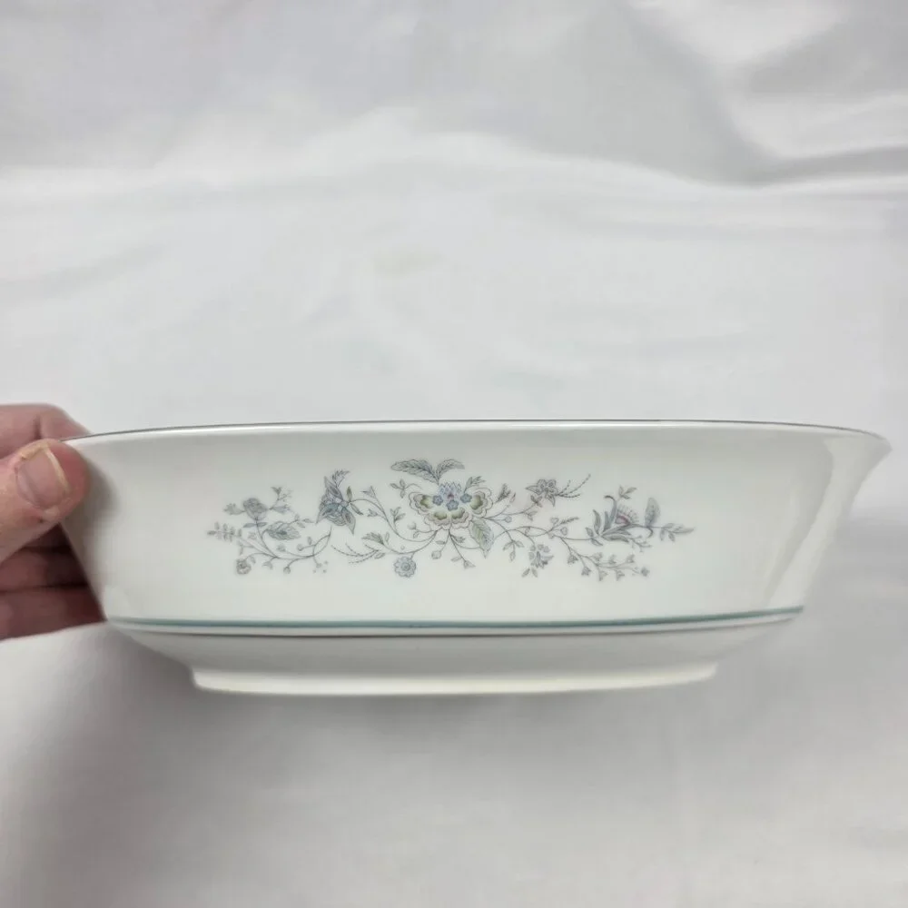 Oxford China Spring 10 Inch Oval Serving Bowl Multicolor Floral Rim Aqua Band